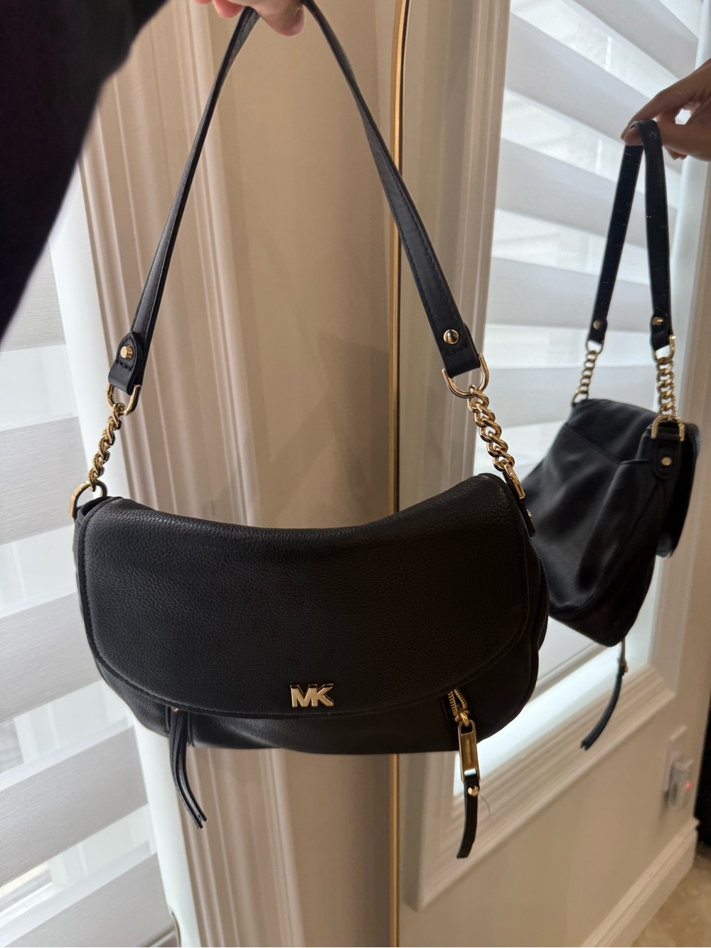 Michael Kors Black Leather Shoulder Bag with Gold Accents